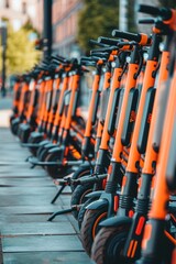 Fleet of Electric Scooters Parked in a City for Eco-Friendly Urban Mobility Solutions