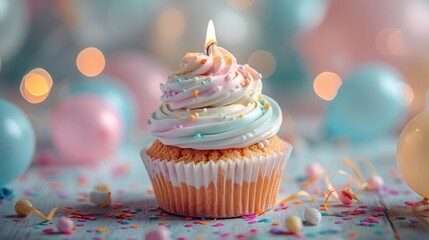 A delightful birthday cupcake with colorful frosting and a lit candle, placed on a party table with a bokeh background of balloons and streamers, capturing the festive atmosphere