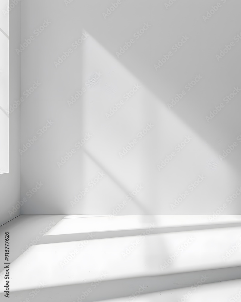 Poster a bright white room with light shining through the window, casting soft shadows on an empty wall. cr