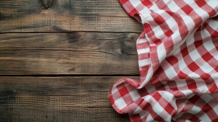 Obraz premium A red and white checkered tablecloth lays elegantly on a rustic wooden table, perfect for setting up an inviting dining or picnic atmosphere