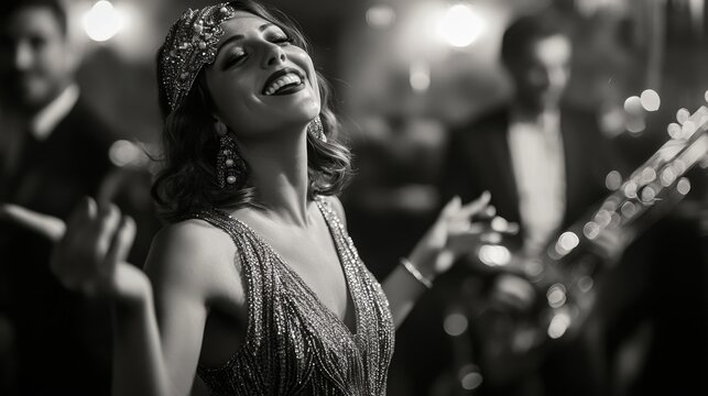Elegant 1920s Flapper Woman Dancing with Blurred Jazz Band in Background