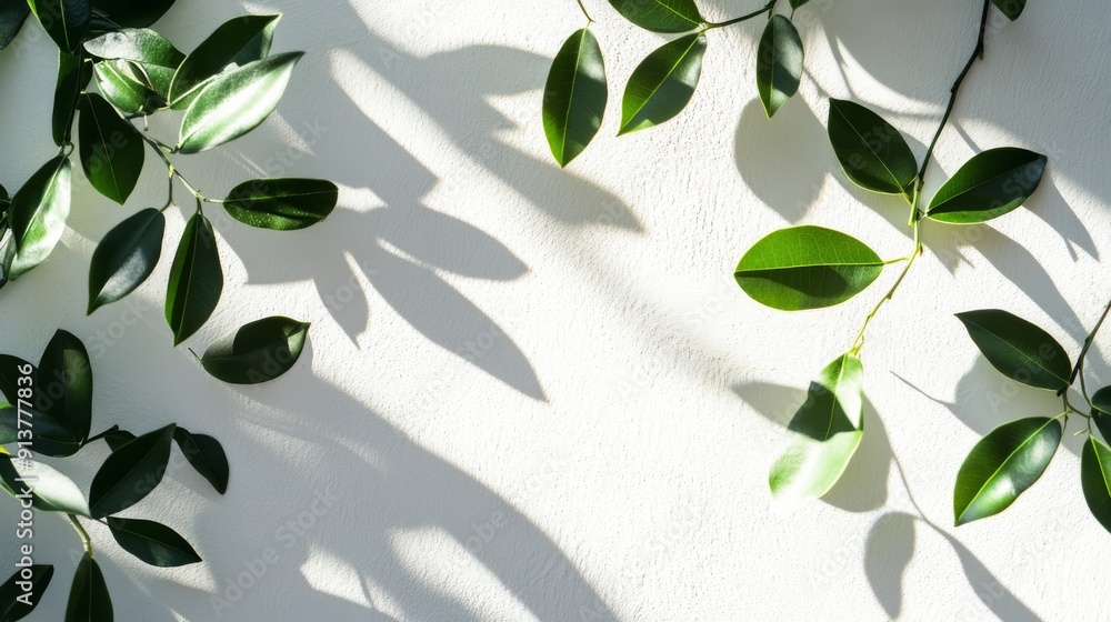 Poster leaves cast intricate shadows, creating a soft interplay of light and texture on a white backdrop un