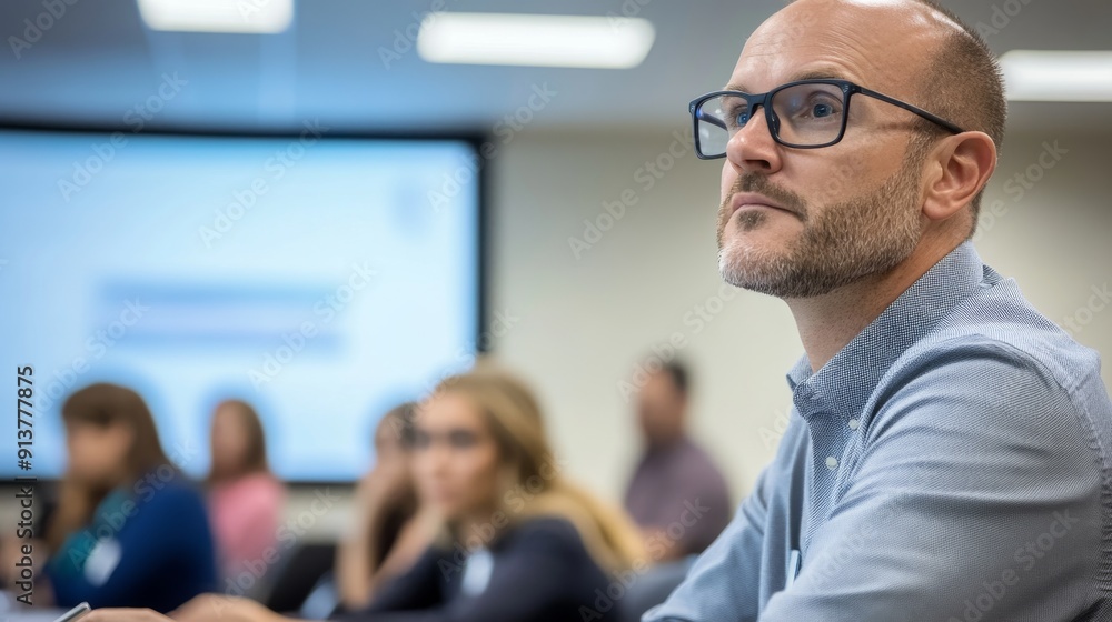 Poster a presenter leads a dynamic training session while participants attentively listen and take notes in
