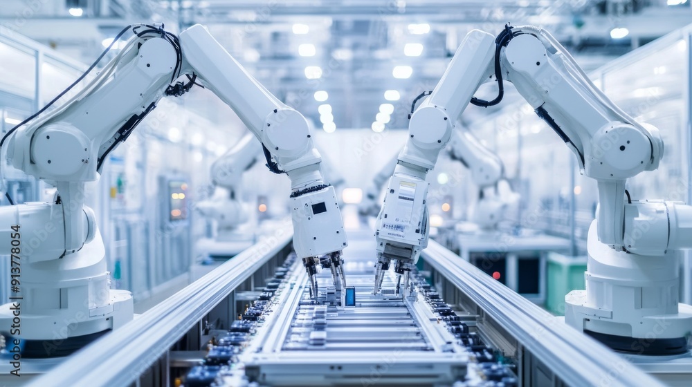 Poster robotic arms efficiently assemble electronic components on a modern production line in a high-tech m