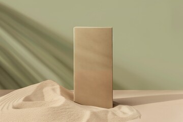 Cosmetic Packaging Mockup: Textured Brown Skincare Box Displayed Vertically on Sage Green Background