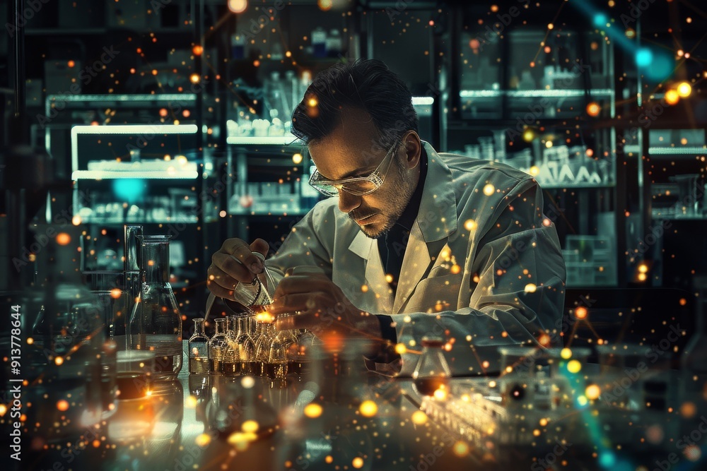 Poster an individual wearing a lab coat performing tasks in a lab setting, a chemist analyzing chemical com