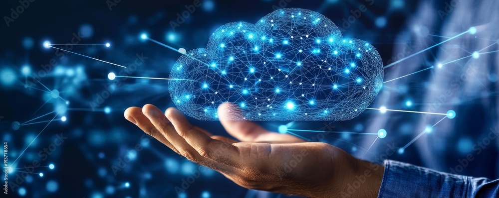 Poster the touch of a man's hands and fingers on a cloud service is synchronized with device holograms