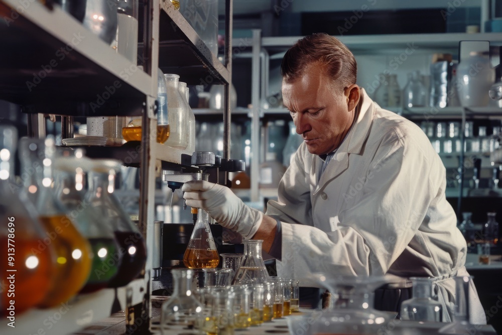 Poster an individual wearing a lab coat performing tasks in a lab setting, a chemist analyzing chemical com