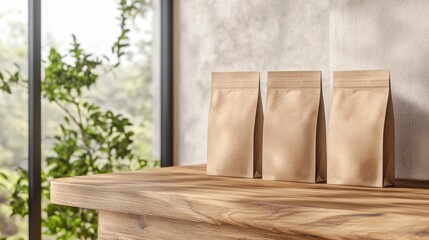Authentic Mockup of Textured Paper Coffee Bags on Wooden Counter with Neutral Background