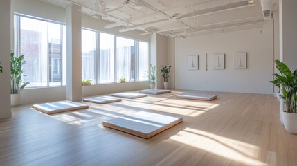 Sunlight fills a spacious pilates studio with hardwood floors and minimal decor, featuring platforms arranged for classes and vibrant plants enhancing the tranquility