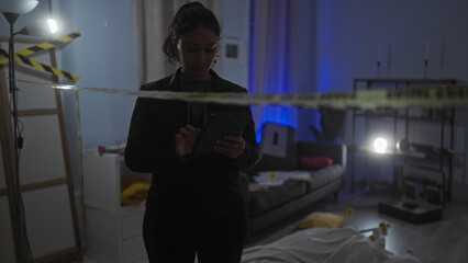 A young hispanic woman investigates an indoor crime scene, taking notes on her tablet in a dimly...