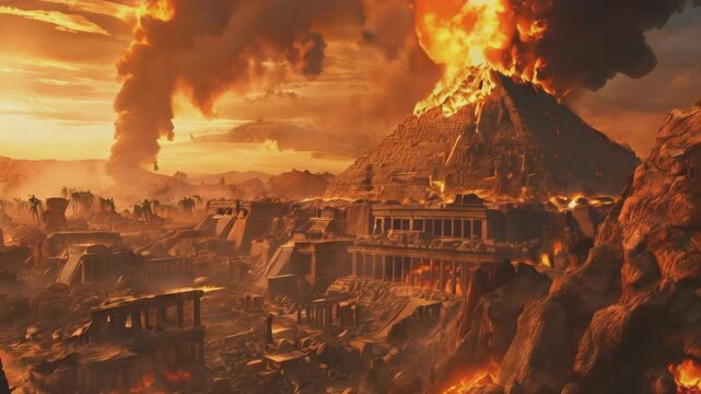 Apocalypse thousands of years ago. Ruins of a burning ancient city. Ancient civilization on fire