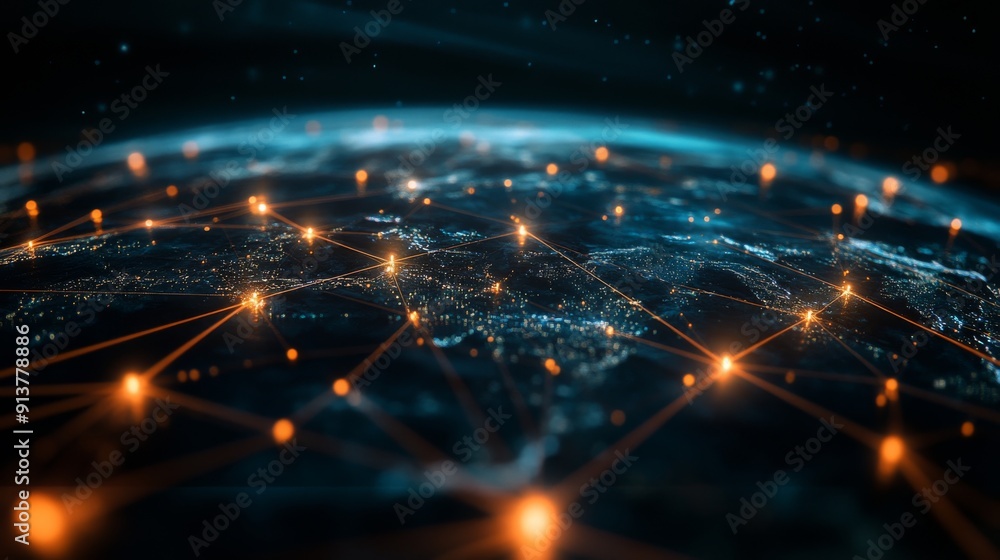 Poster a dynamic representation of a global network featuring bright connections and nodes, illustrating ad