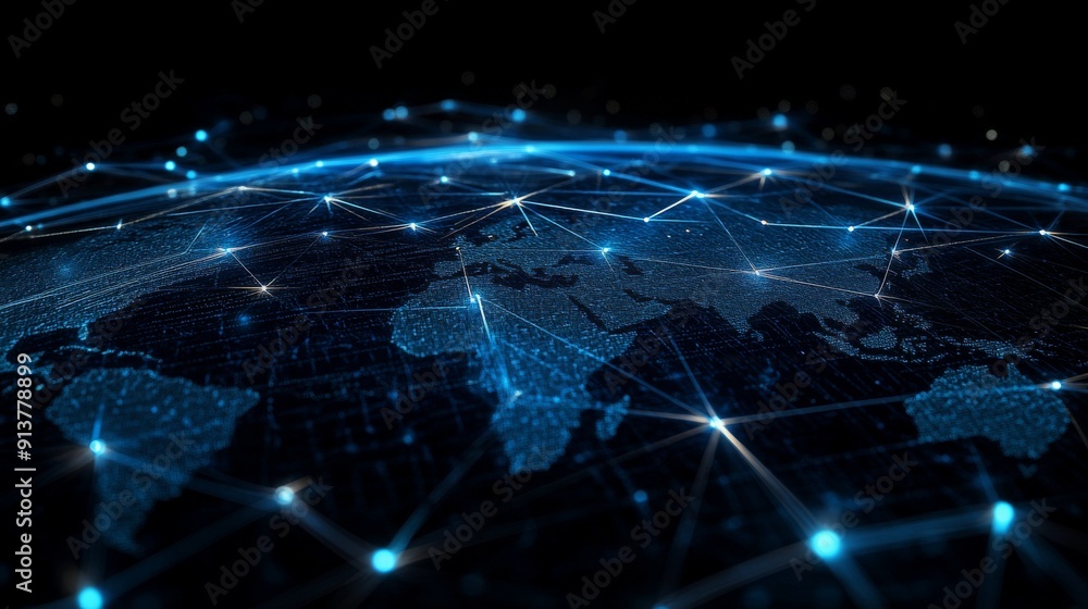 Poster a wide-angle view of a global network with luminous nodes and dynamic connections showcased against 