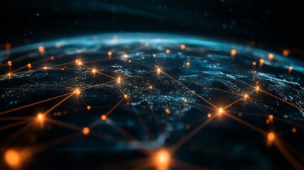 A dynamic representation of a global network featuring bright connections and nodes, illustrating advanced technology and interconnectedness across the planet