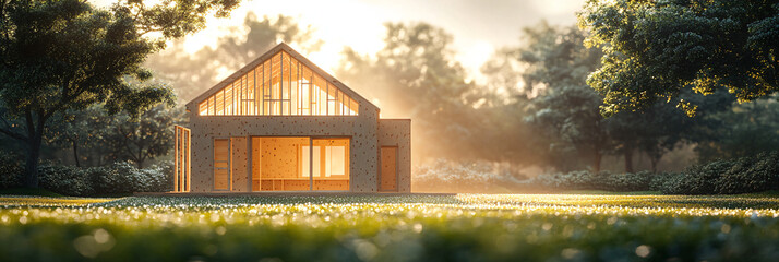 Wooden house under construction in a tranquil rural landscape with morning light. Eco-friendly building and modern architecture concept for posters, banners and advertising