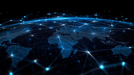 A wide-angle view of a global network with luminous nodes and dynamic connections showcased against a dark backdrop, highlighting advanced technology and connectivity