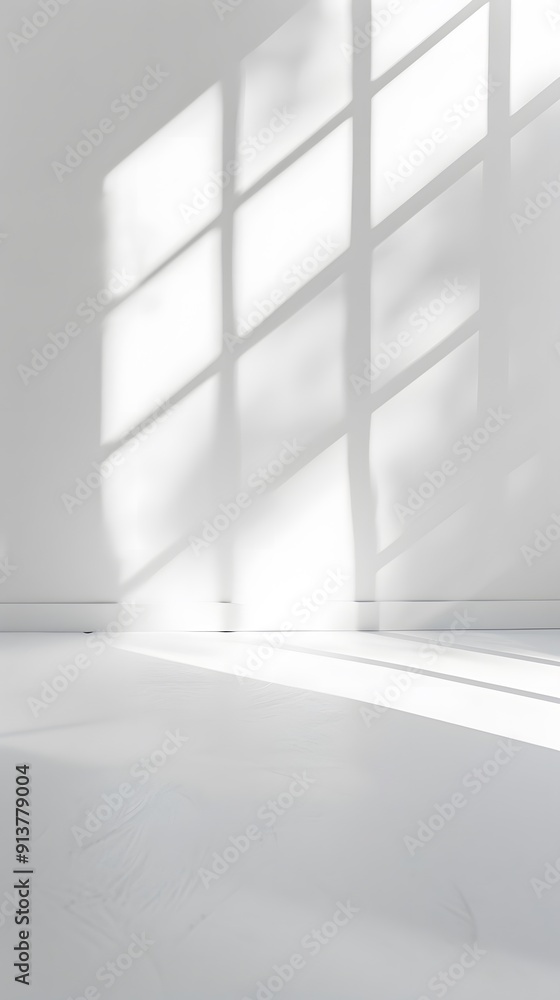 Poster a bright white room with light shining through the window, casting soft shadows on an empty wall. cr