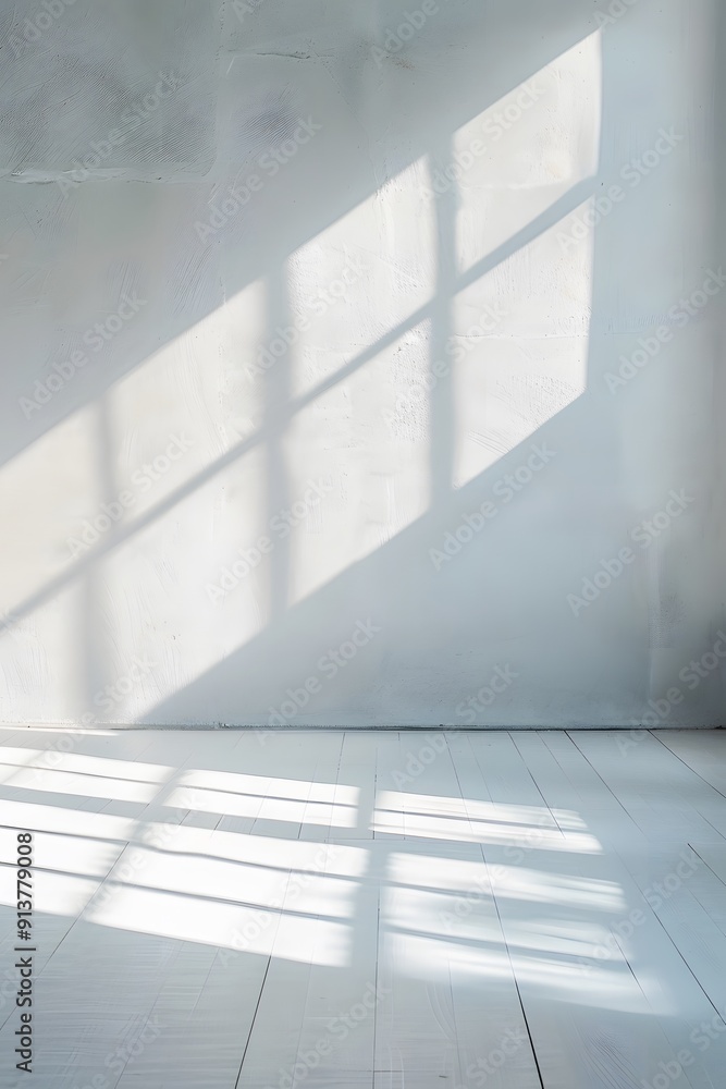 Aufkleber a bright white room with light shining through the window, casting soft shadows on an empty wall. cr