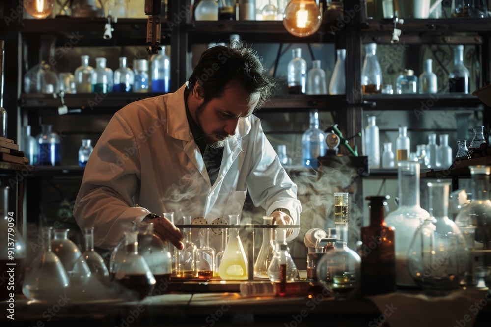 Poster an individual wearing a lab coat performing tasks in a lab setting, a chemist analyzing chemical com