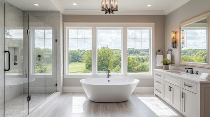 A serene bathroom features a freestanding bathtub and a walk-in shower, showcasing elegant fixtures and large windows with a beautiful green landscape outside