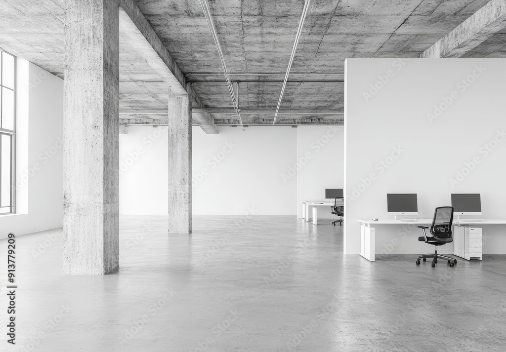 Poster workplace interior with desks and a computer near a window. mock up wall image