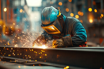 Construction welder in protective clothing and helmet welding steel. Bright sparks illuminating the workspace. Metalworking and industrial labor concept for posters, banners and advertising