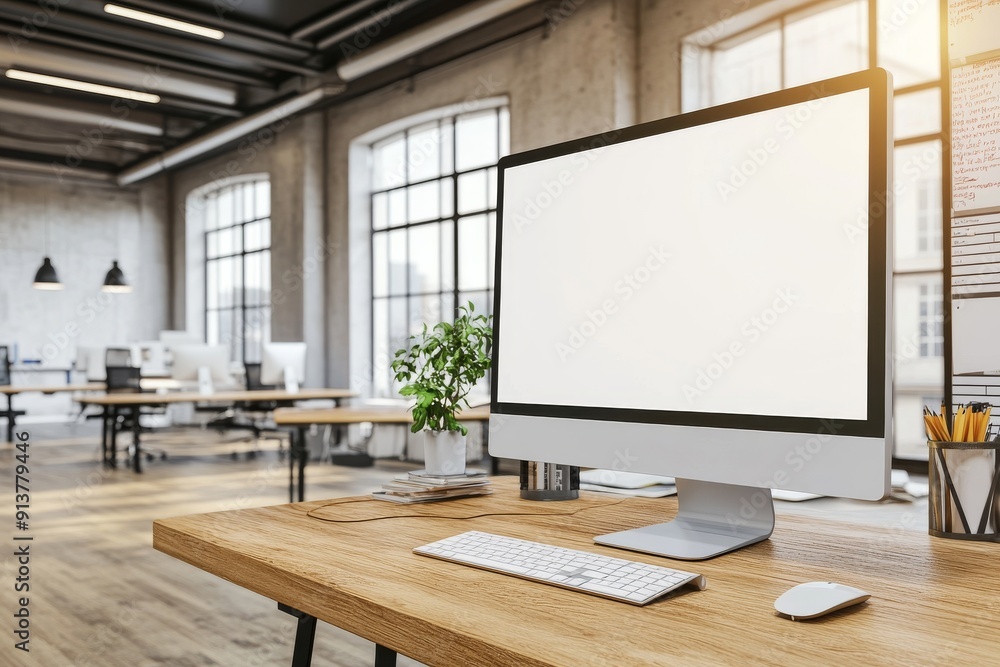 Aufkleber coworking interior with computer on table and mockup display