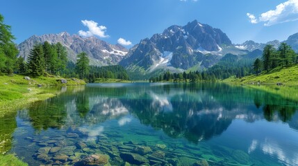  A mountain lake with crystal-clear water and emerald grass in the foreground, contrasted by a blue sky dotted with fluffy clouds in the background