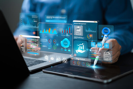 An analyst uses a computer and dashboard for data business analysis and Data Management System, Customers database, gather information to report. Data science technology and digital marketing