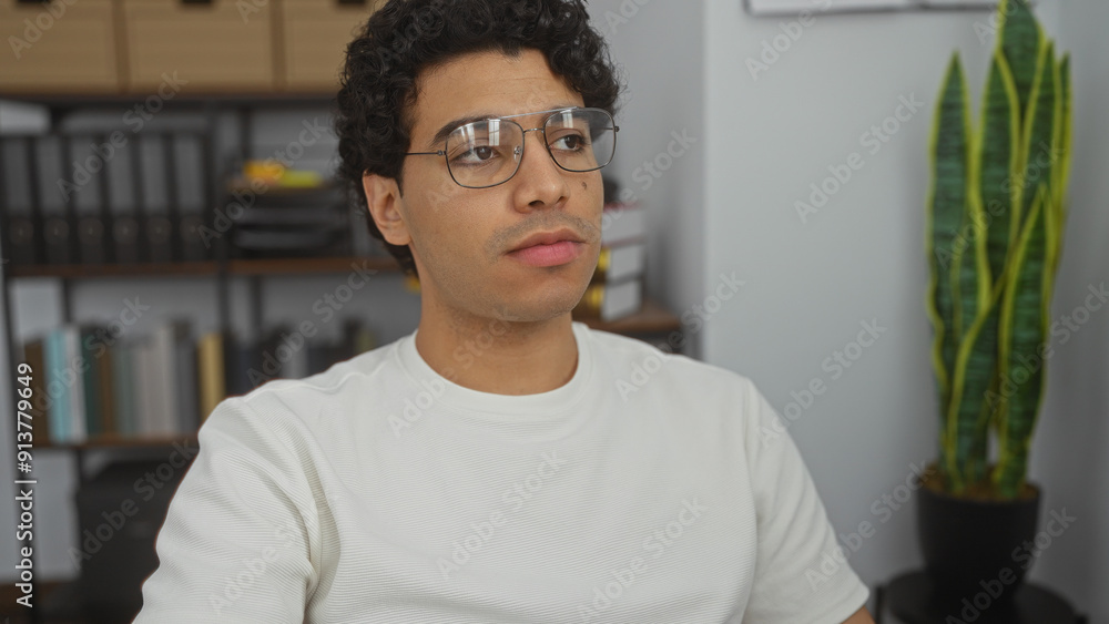 Sticker Young hispanic man in an office setting, wearing glasses and a white shirt, appears to be working at his desk.