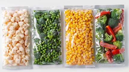 A row of frozen vegetable packets, one containing corn, another with peas, broccoli, and the last with mixed vegetables