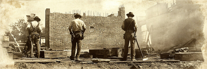 Vintage photograph of construction workers restoring a brick building. Teamwork and manual labor in historical renovation and architecture preservation concept for posters, banners and advertising
