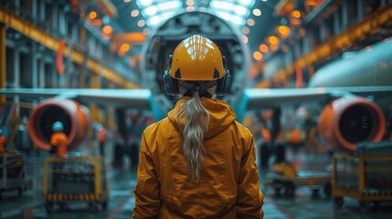 Female Engineer in Aircraft Factory. Female engineer in a hard hat and safety gear inspecting an aircraft in a brightly lit factory.