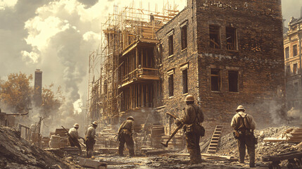 Vintage photograph of construction workers restoring a brick building. Teamwork and manual labor in historical renovation and architecture preservation concept for posters, banners and advertising