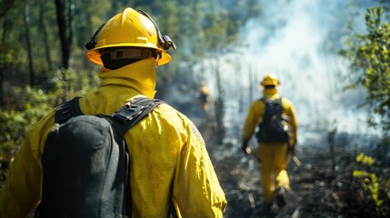 Naklejka premium Firefighters in Yellow Gear Battling Forest Fire in Smoky Woodland Environment