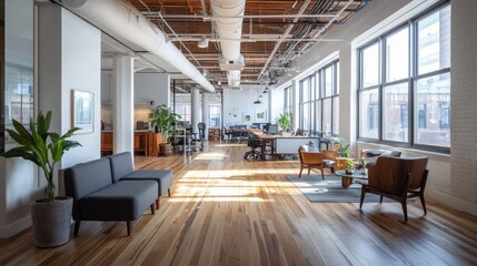 The workspace showcases a cozy layout with large windows, wooden floors, and comfortable seating, promoting productivity through ample natural light and inviting design