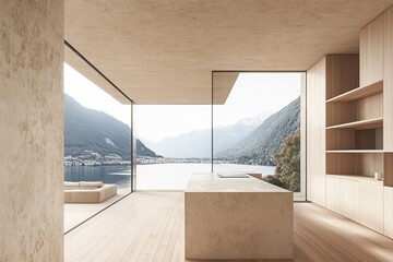 A wooden kitchen interior with a bar counter and panoramic windows