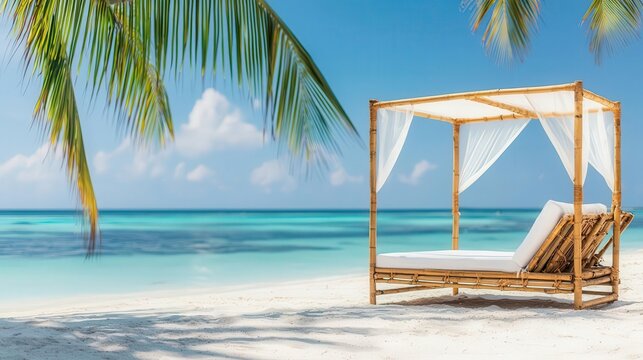 Bamboo lounge bed with canopy on a beach, eco-friendly furniture, tropical relaxation