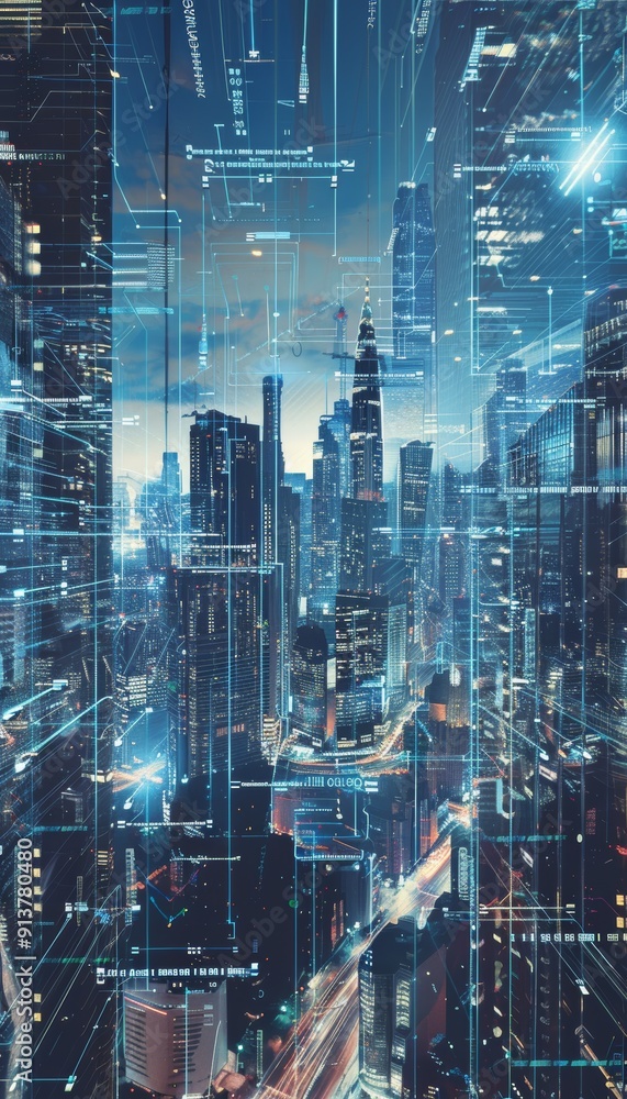 Poster futuristic cityscape with data streams representing advanced mobile network connectivity