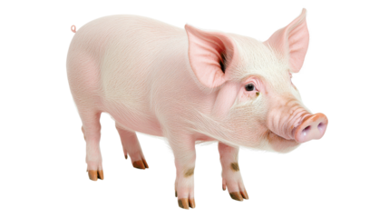 A charming pink pig standing on all fours, showcasing its playful and curious nature, ideal for farm or animal-themed projects.