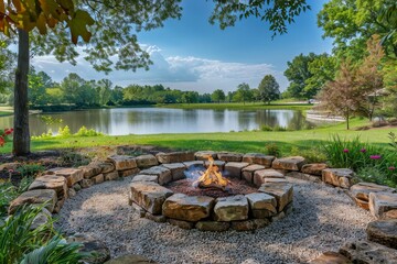 Fototapeta premium Large Round Fire Pit with Stone Seating, Surrounded by Gravel in a Scenic Backyard with Trees, Flowers, and Lakeside Views