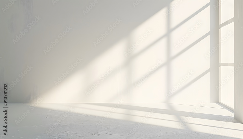 Poster a bright white room with light shining through the window, casting soft shadows on an empty wall. cr