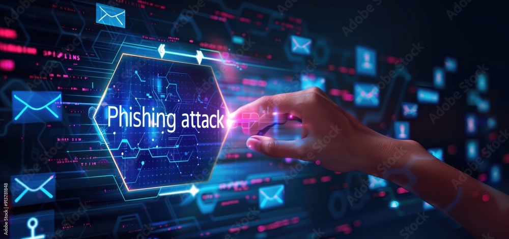 Aufkleber hand touching holographic 'phishing attack' sign with a digital interface of emails. concepts of cyb