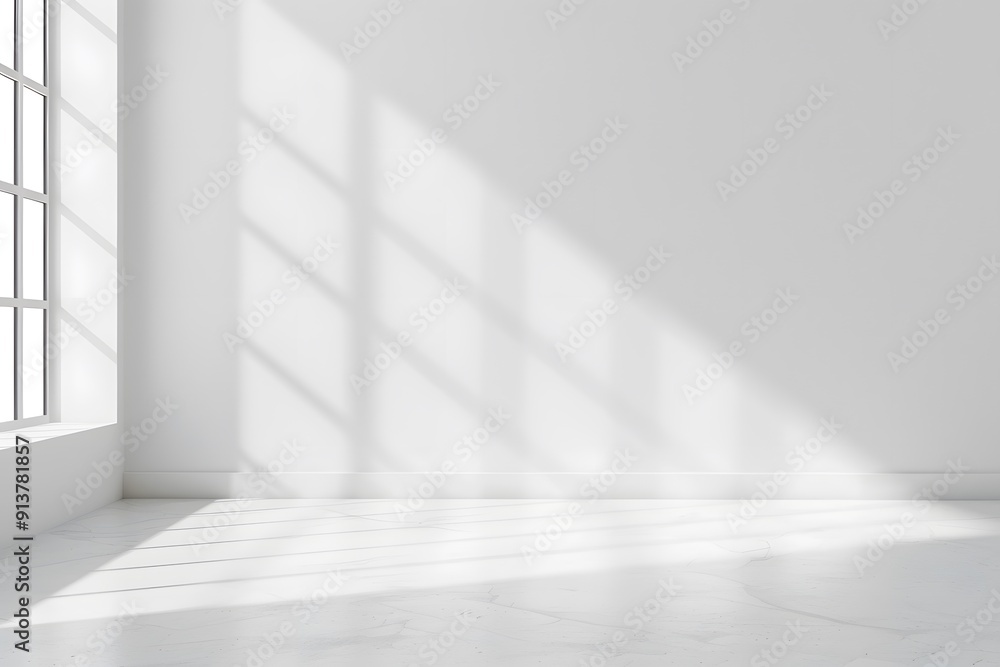 Poster a bright white room with light shining through the window, casting soft shadows on an empty wall. cr