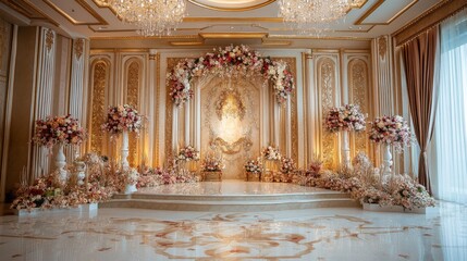 A stunning wedding ceremony setup features lavish decorations, intricate floral arrangements, and an elegant backdrop, creating a sophisticated atmosphere for the celebration