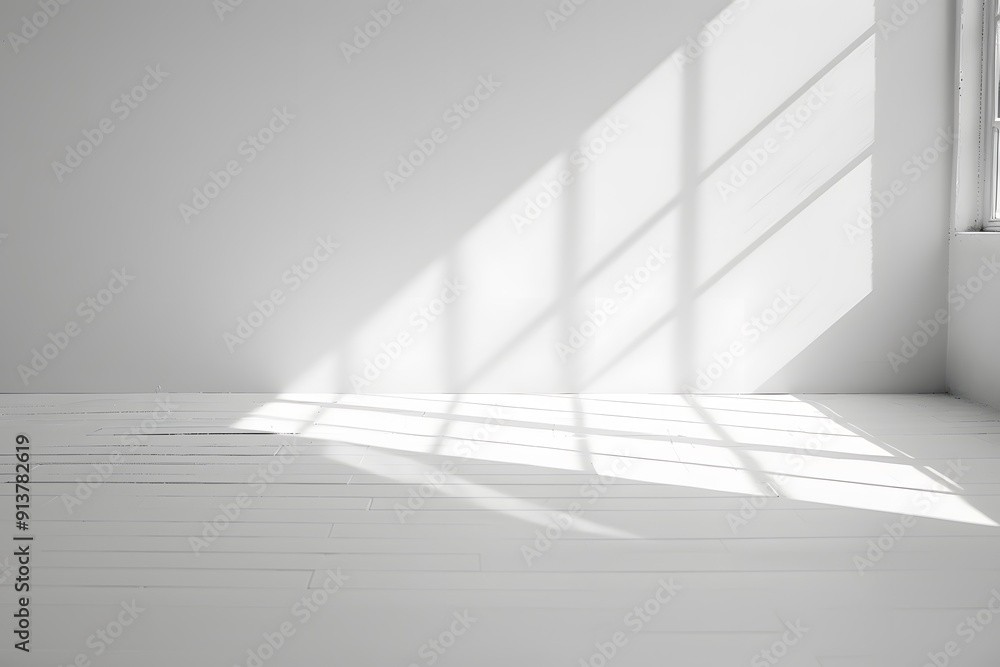 Poster a bright white room with light shining through the window, casting soft shadows on an empty wall. cr
