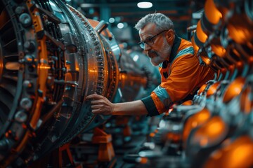 Senior Engineer Inspecting Jet Engine. Senior engineer inspecting a jet engine in a factory, emphasizing experience and attention to detail in aviation manufacturing.