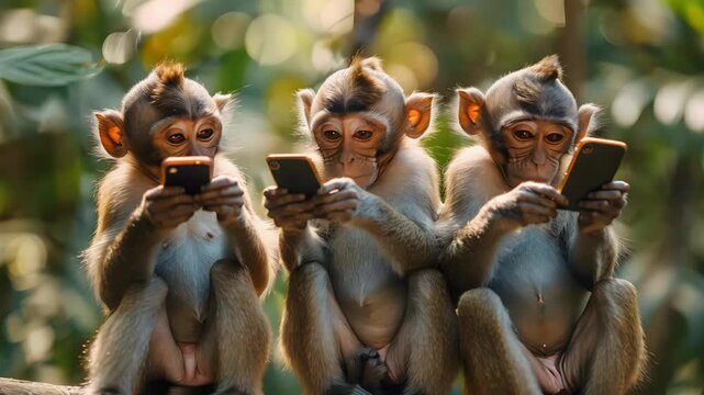 Three monkeys sitting next to each other and looking at smartphones, a funny illustration of technological progress