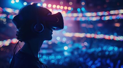 Closeup of VR concerts, immersive sound and visuals, selective focus, digital performance theme, realistic, silhouette, virtual arena backdrop